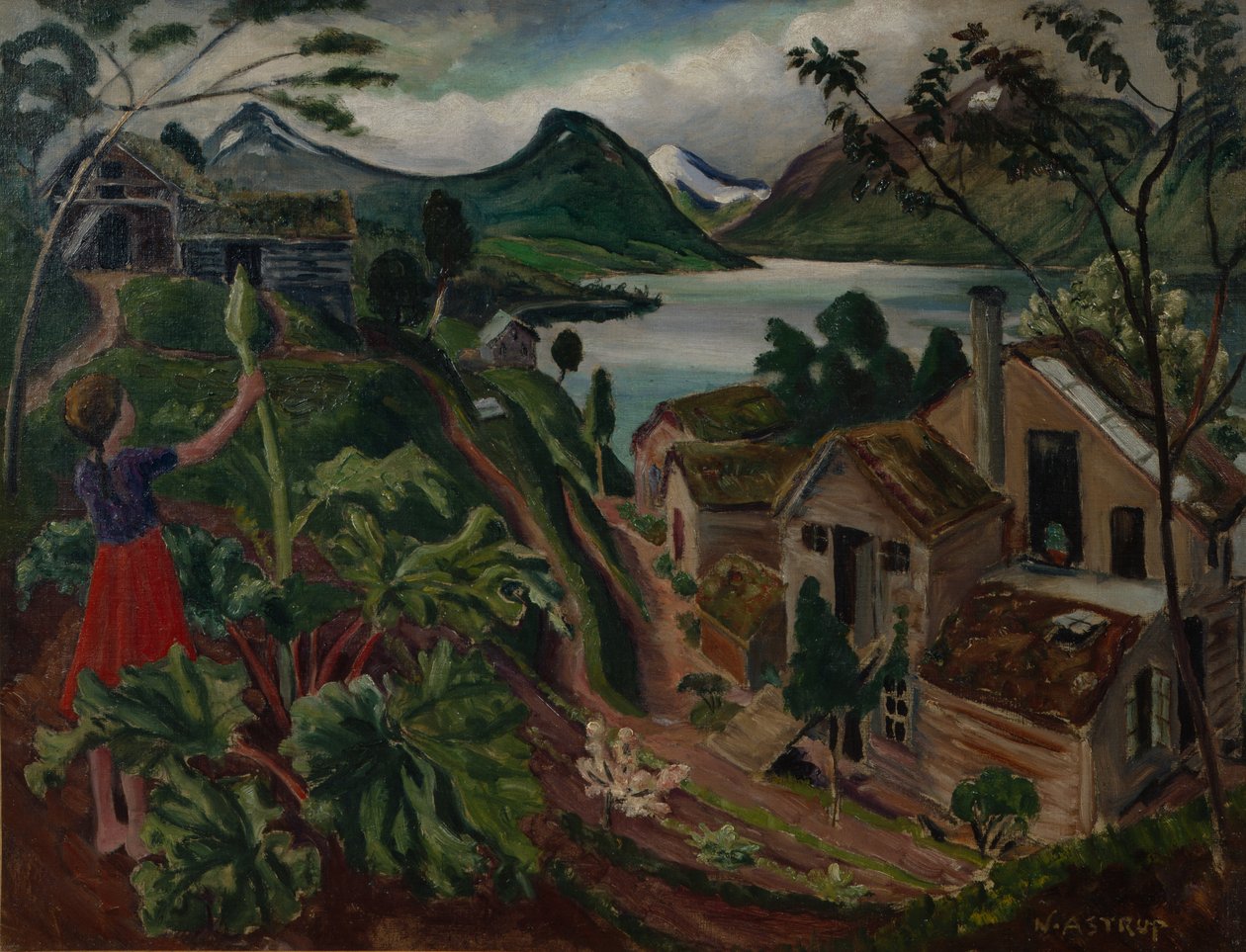 Ruibarbo e jovem em Sandalstrand (óleo sobre tela) de Nikolai Astrup