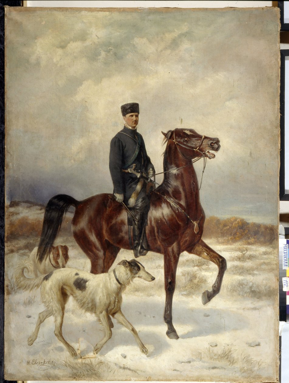 O Caçador (O Caçador). A cavalo e acompanhado por seus cães Barzoi (galgo russo). Pintura de Nikolai Yegorovich Sverchkov (Nicolas Swertschkoff) (1817-1898), óleo sobre tela. arte russa de Nikolai Egorevich Sverchkov