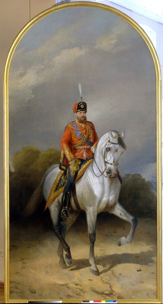 Retrato do imperador Alexandre III (1845-1894) em uniforme do regimento de hussardos da guarda imperial. (Retrato do Imperador Alexandre III (1845-1894) no uniforme do regimento Hussardo da Guarda Leib). Pintura de Nikolai Yegorovich Sverchkov de Nikolai Egorevich Sverchkov