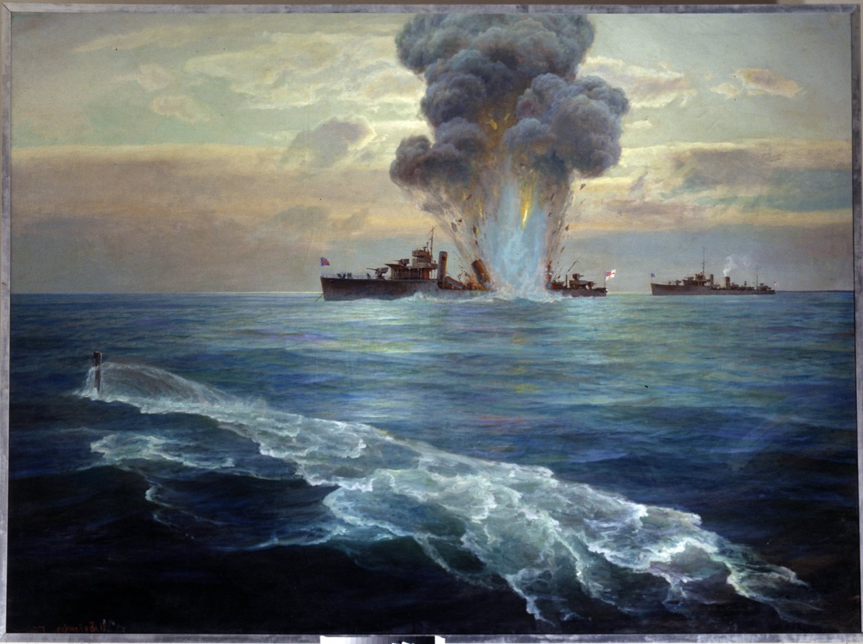 Guerra Civil Russa: o destruidor britânico Victoria torpedeado pelo submarino bolchevique Pantera ao largo da ilha de Seskar (Golfo da Finlândia), 1 de Setembro de 1919. de Nikolai Evlampievich Bublikov
