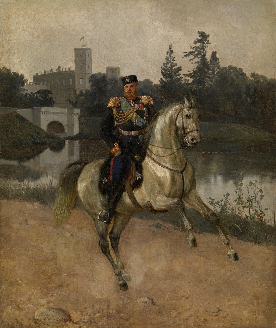 Retrato equestre do imperador Alexandre III 1845-1894 em Gatchina de Nikolai Gustavovich Schilder
