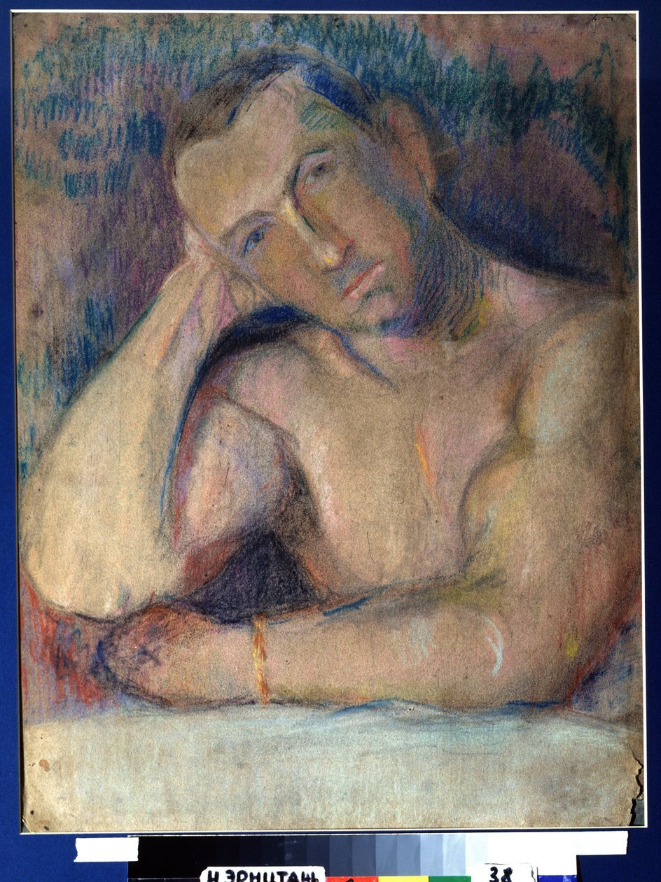 Retrato do poeta Benedikt Livchits (1886-1939) (Retrato do poeta Benedikt Livshits) - Represente torse nu, la tete penchee, posee dans sa main - Oeuvre de Nikolai Ivanovich Kulbin (Nicolas Koulbine) (1868-1917), pastel sur papier de Nikolai Ivanovich Kulbin