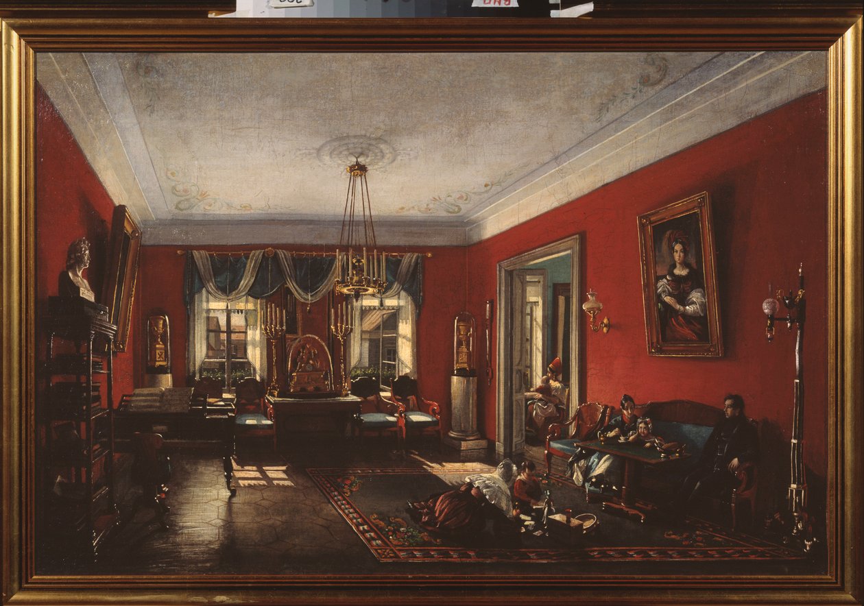 A sala de desenho na Casa Nashchokin em Moscovo - Pintura de Nikolai Ivanovich Podklyuchnikov (1813-1877), óleo sobre tela, início de 1840 - Arte Russa de Nikolai Ivanovich Podlyuchnikov