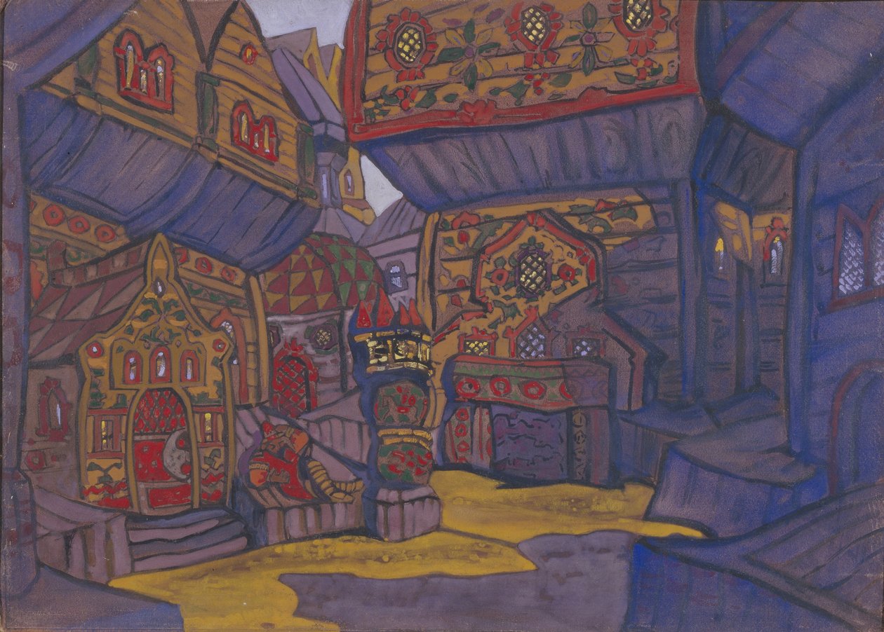 O tribunal do príncipe Vladimir Galitsky. Cenografia da ópera Prince Igor de A. Borodin, 1914 de Nikolai Konstantinowitsch Roerich
