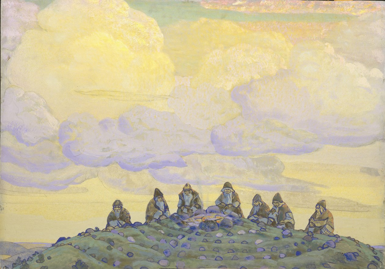 O Grande Sacrifício. Cenografia para o balé O Rito da Primavera Le Sacre du Printemps de I. Stravinsky, 1910 de Nikolai Konstantinowitsch Roerich