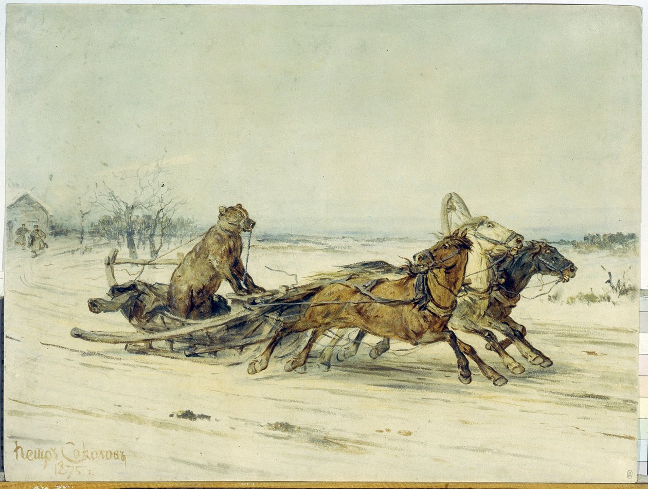 General Toptygin - Um urso com focinho, instalado em um trenó puxado por três cavalos (troika), de uma história de Nicolas (Nikolai) Nekrassov (1821-1877) - Pintura de Pyotr (Piotr) Petrovich Sokolov (1821-1899 ), óleo sobre tela de Nikolai Nekrassov