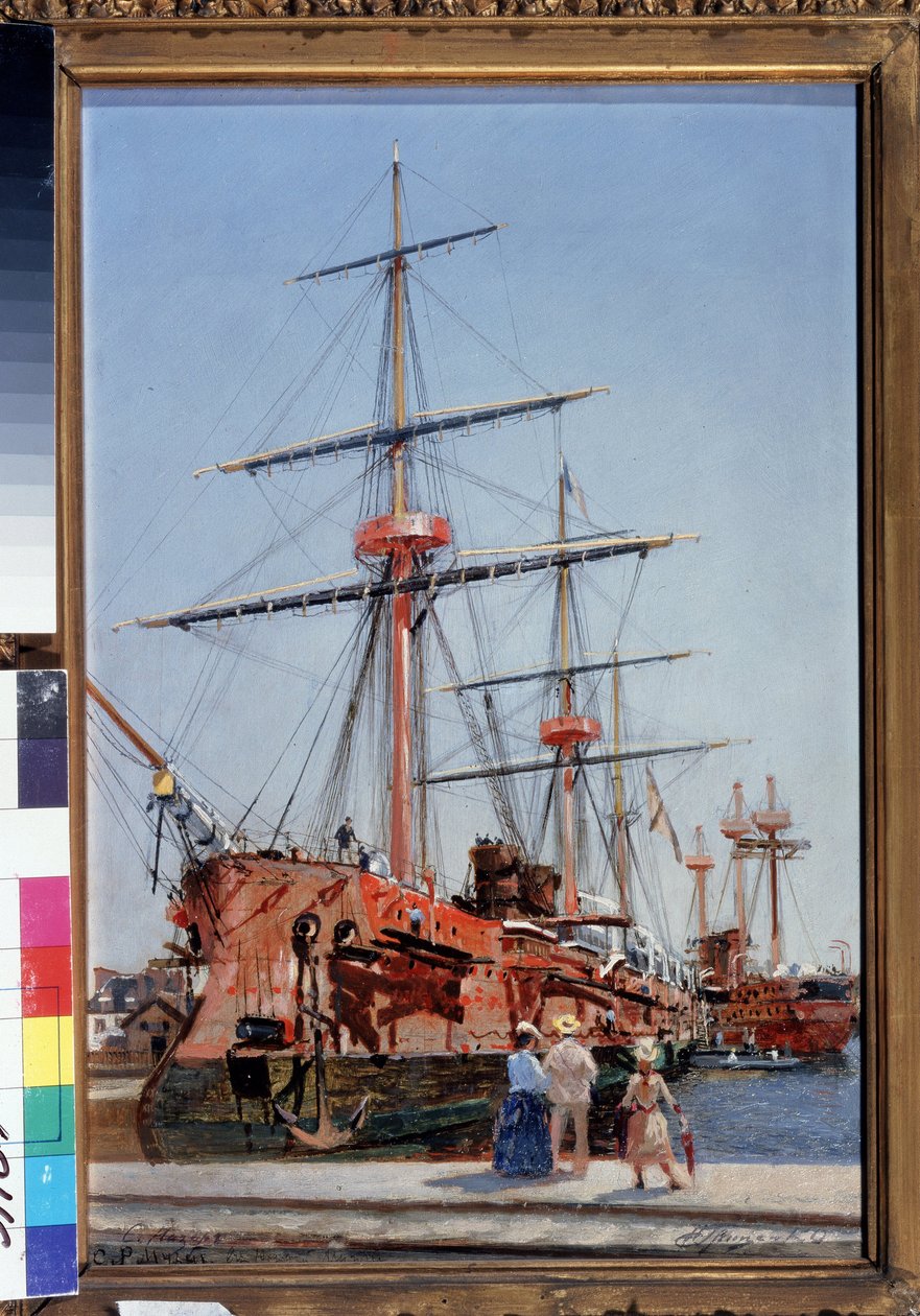 Construção do cruzador de escolta Admiral Kornilov na Bretanha. (Edifício do Cruzador Protegido Almirante Kornilov na Bretanha). Pintura de Nikolai Nikolayevich Gritsenko (1856-1900), óleo sobre madeira de Nikolai Nikolaevich Gritsenko