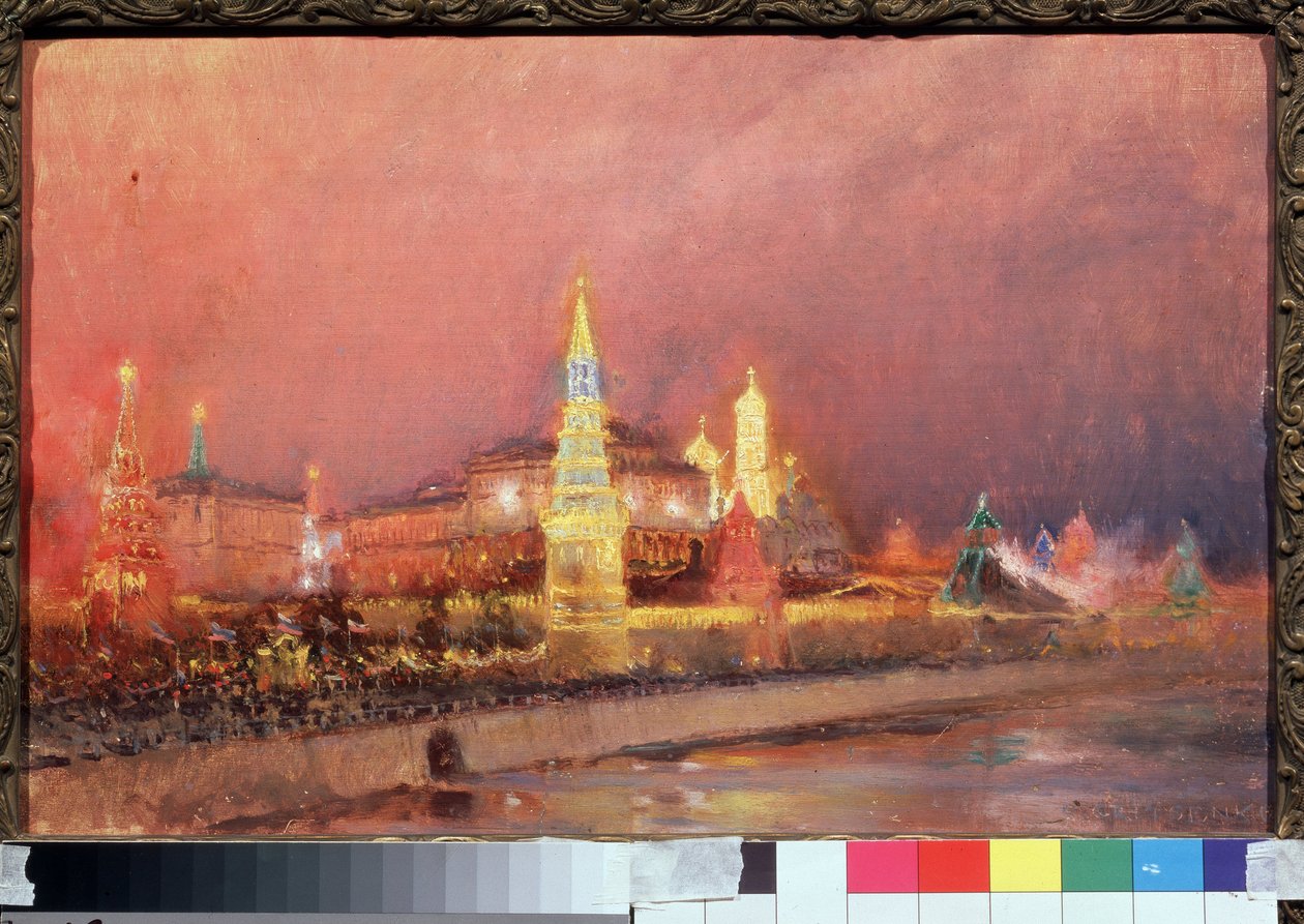 Iluminação do Kremlin de Moscou. Paisagem urbana, com bandeiras russas e multidões reunidas nos cais ao longo do Moskva. Pintura Nikolai Nikolayevich Gritsenko (1856-1900), óleo sobre tela 1896. Arte russa, pa de Nikolai Nikolaevich Gritsenko