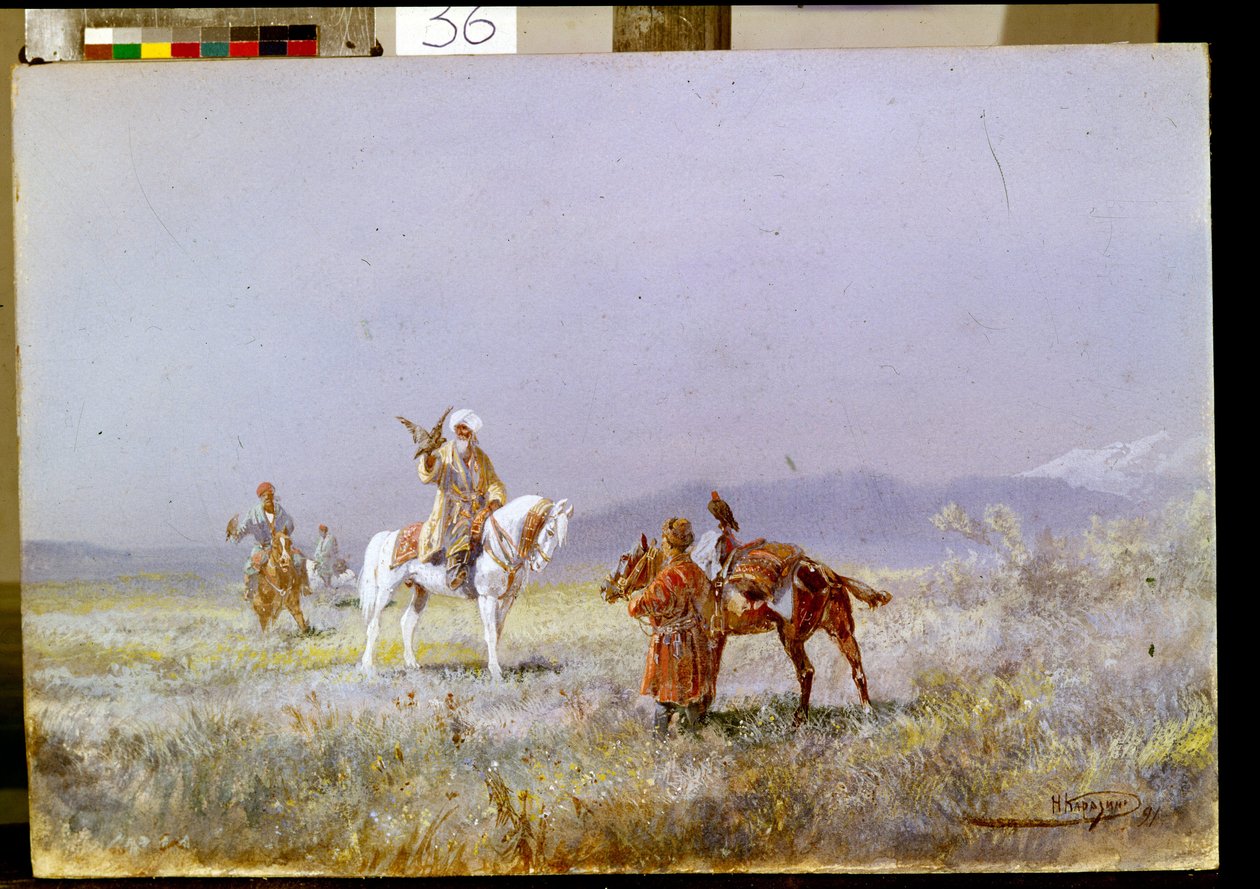 Falcoaria (A Falcoaria). Cavaleiros da Ásia Central treinam falcões para caçar nas estepes. Pintura de Nikolai Nikolayevich Karasin (1842-1908), óleo sobre tela de Nikolai Nikolaevich Karazin