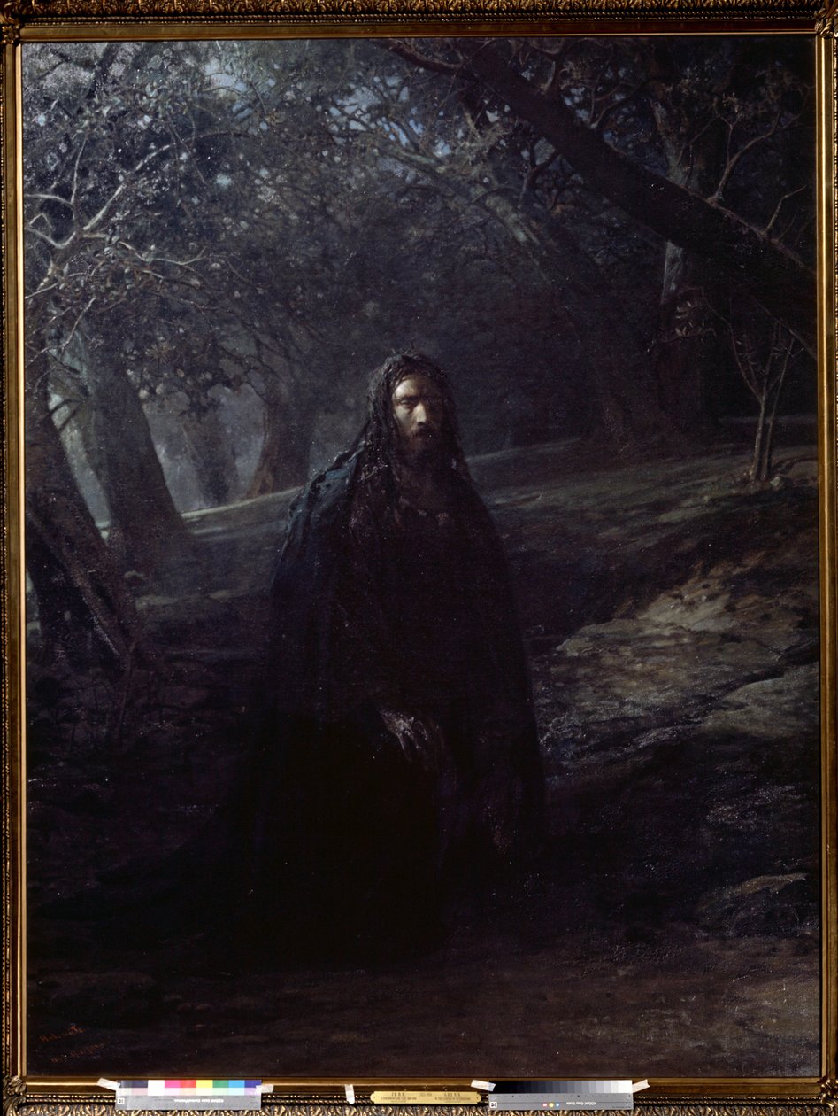 "Cristo no Jardim das Oliveiras" Jesus no Monte das Oliveiras (ou Monte do Getsémani) com vista para Jerusalém, afasta-se dos discípulos adormecidos para rezar, antes da sua prisão. Pintura por Nikolai Nikolayevich Ge (Gay) (1831-1894) 1869-1880 State Tre de Nikolai Nikolajevitch Gay