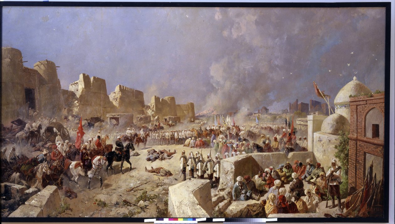 O exército russo invade Samarcanda (Uzbequistão) (O exército russo invadiu Samarcanda). Período de expansão russa na Ásia Central, os russos tomam Samarcanda em 1868. Pintura de Nikolai Nikolayevich Karasin (1842-1908), óleo sobre tela 1888. Arte de Nikolai Nikolayevich Karasin