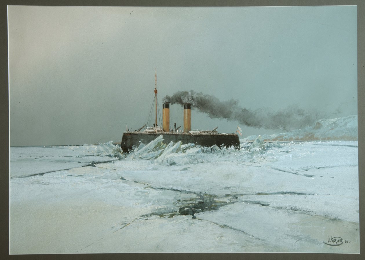 Le navire brise glace russe Iermak (Icebreaker Yermak) - Oeuvre de Nikolai Nikolayevich Karasin (1842-1908), aquarelle et blanc sur papier (45,4x76 cm) de Nikolai Nikolayevich Karasin
