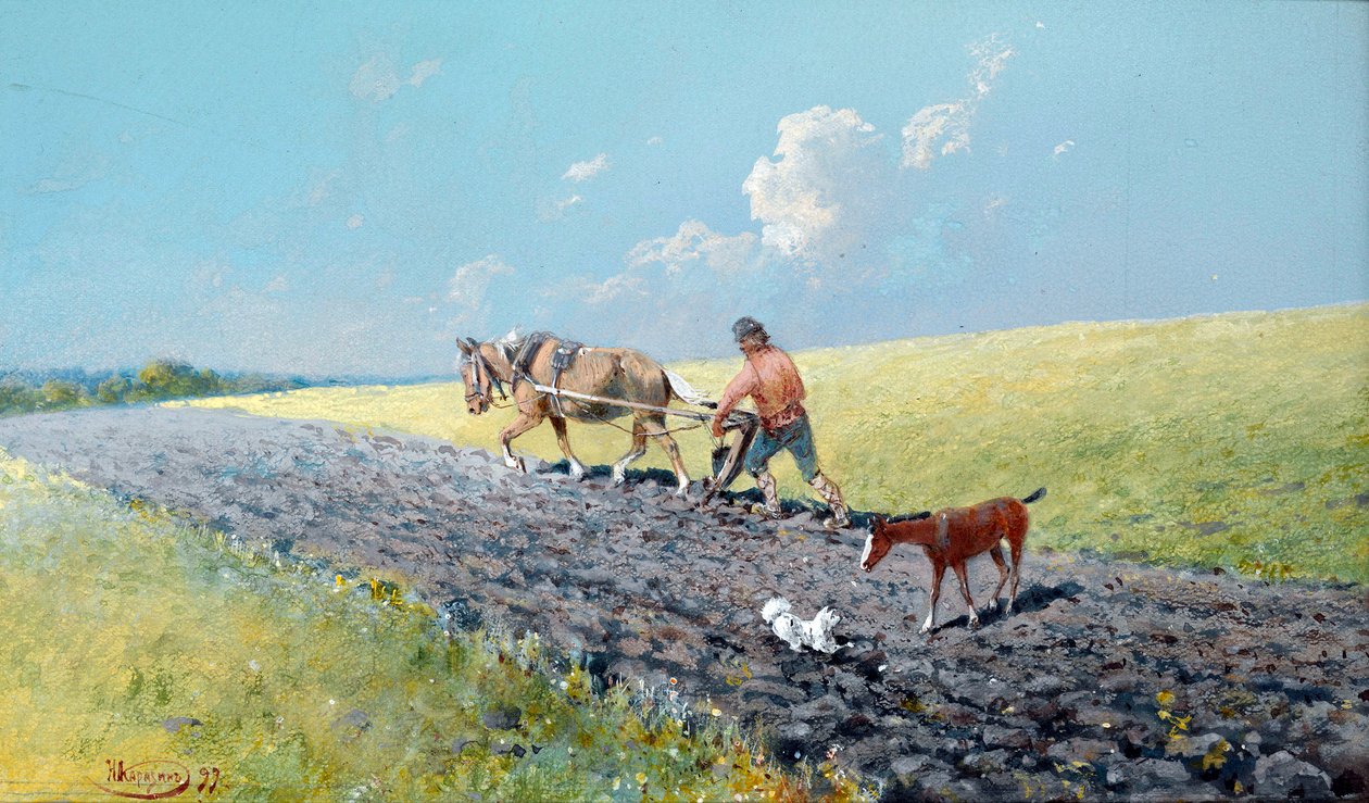 ""arar"" Camponês arando seus campos, Rússia Pintura de Nikolai Nikolayevich Karasin (1842-1908) 1899 Dim 16,5x27,5 cm Coleção particular de Nikolai Nikolayevich Karasin