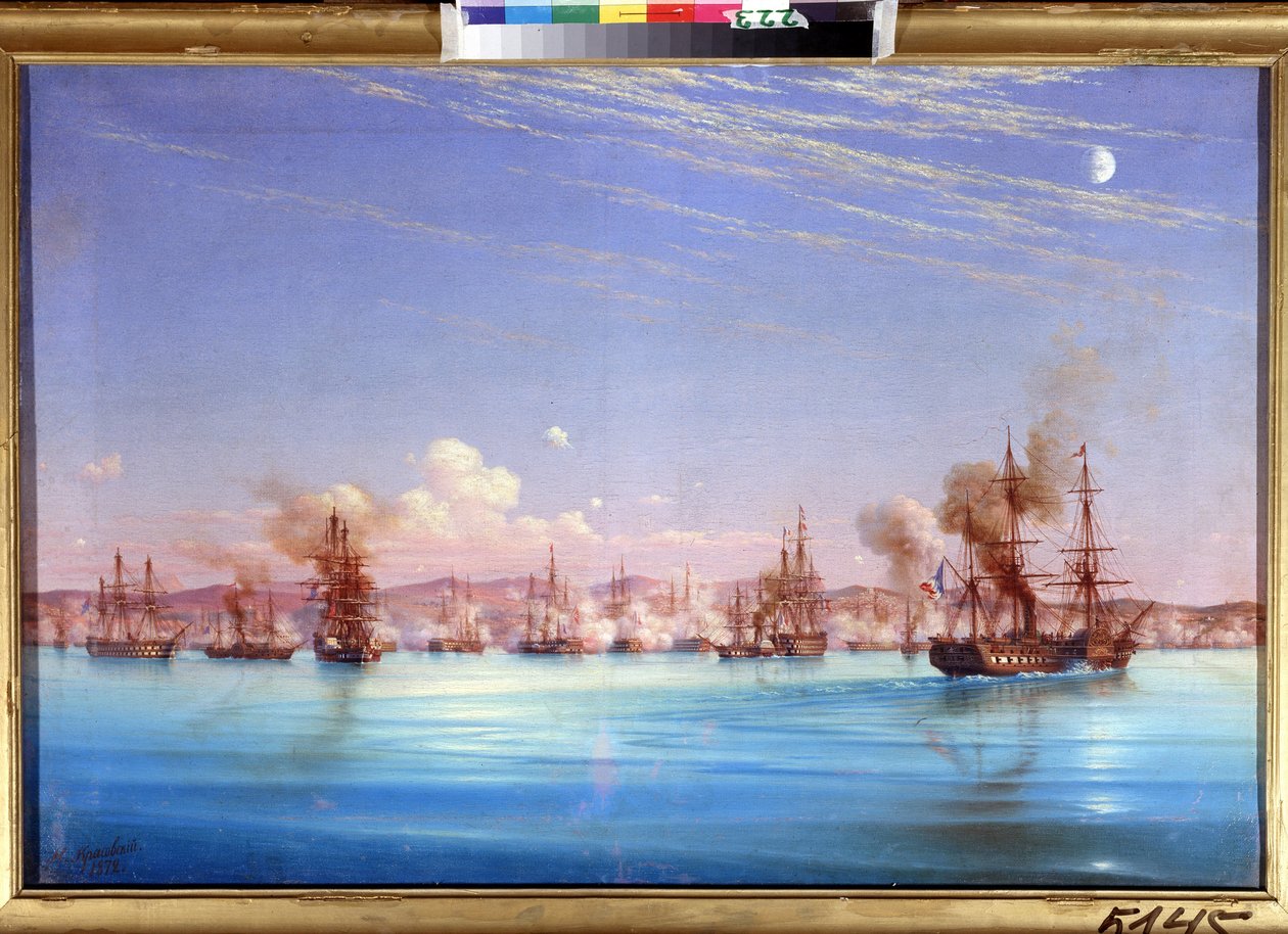 O bombardeio de Sebastopol pelo esquadrão franco-britânico em 1854. (Bombardeamento de Sebastopol do esquadrão francês britânico em 1854). Episódio do cerco da cidade de 1854 a 1855, durante a Guerra da Criméia entre a coalizão dos impérios otomanos, f de Nikolai Pavlovich Krasovsky