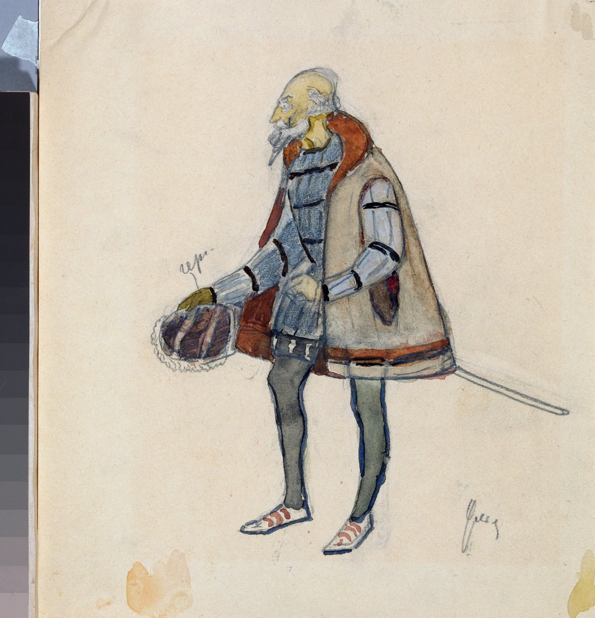 Traje preparado, le baron avare, para a peça de teatro "Le chevalier avare" de Alexandre Pouchkine (1799-1837) (Desenho do traje para a peça de teatro The Miserly Knight de A Pushkin) - Oeuvre de Nikolai Pavlovich Ulyanov (Oulianov) (1875-1949), cra de Nikolai Pavlovich Ulyanov