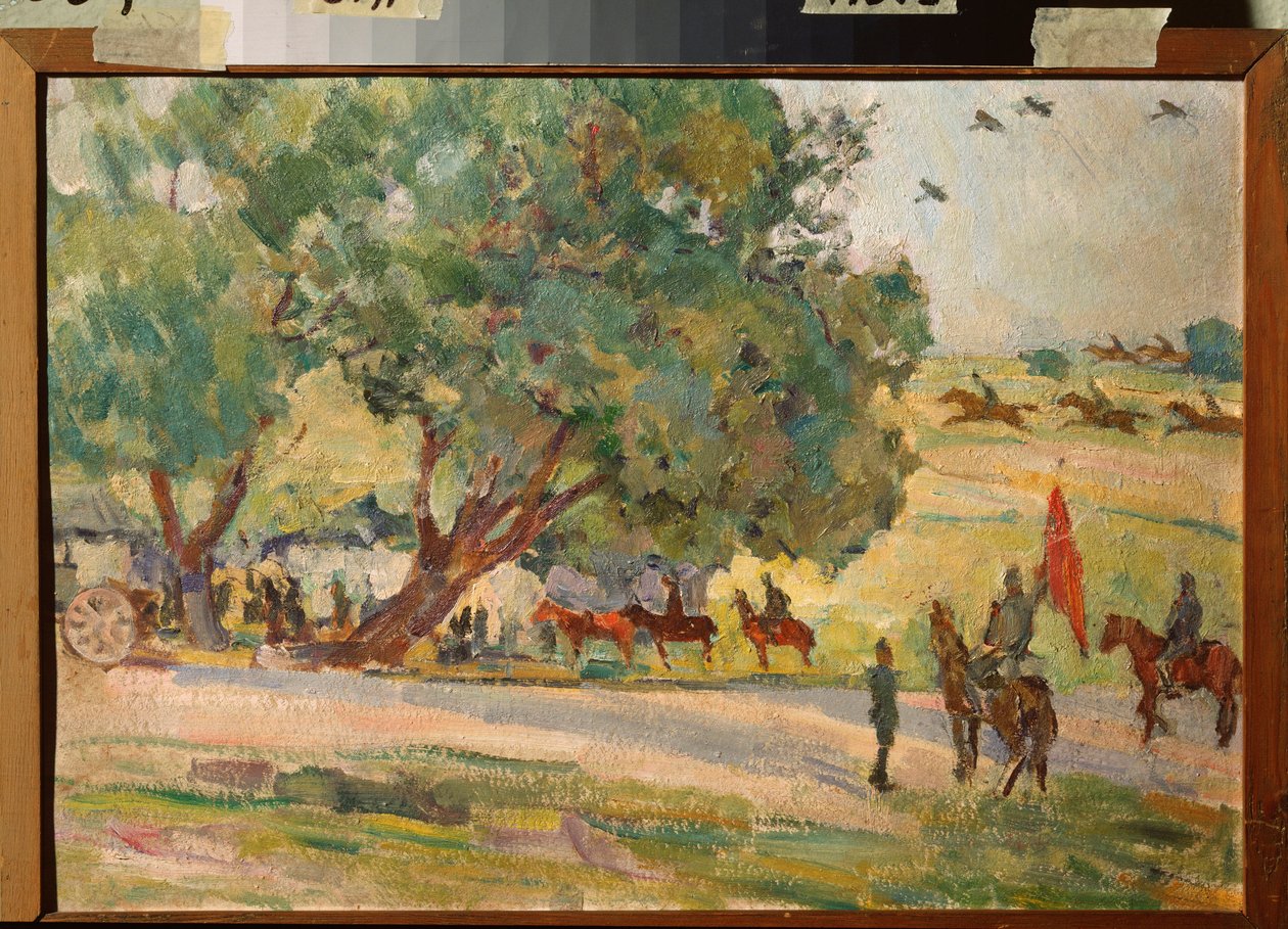 Manobras militares perto de Moscovo - por Nikolai Pavlovich Ulyanov (1875-1949), petróleo a bordo de Nikolai Pavlovich Ulyanov