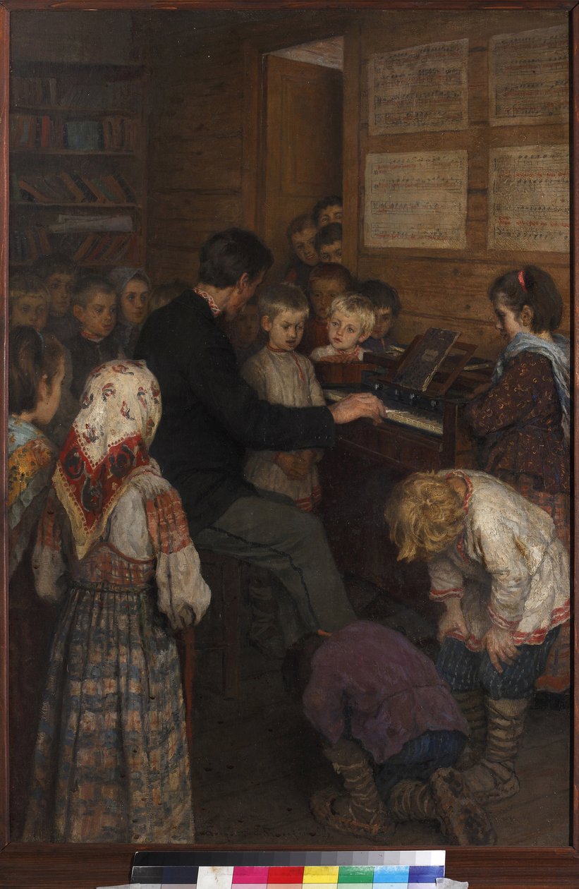 Aula de canto na escola da aldeia por Bogdanov-Belsky, Nikolai Petrovich (1868-1945). Óleo sobre tela de Nikolai Petrovich Bogdanov Belsky