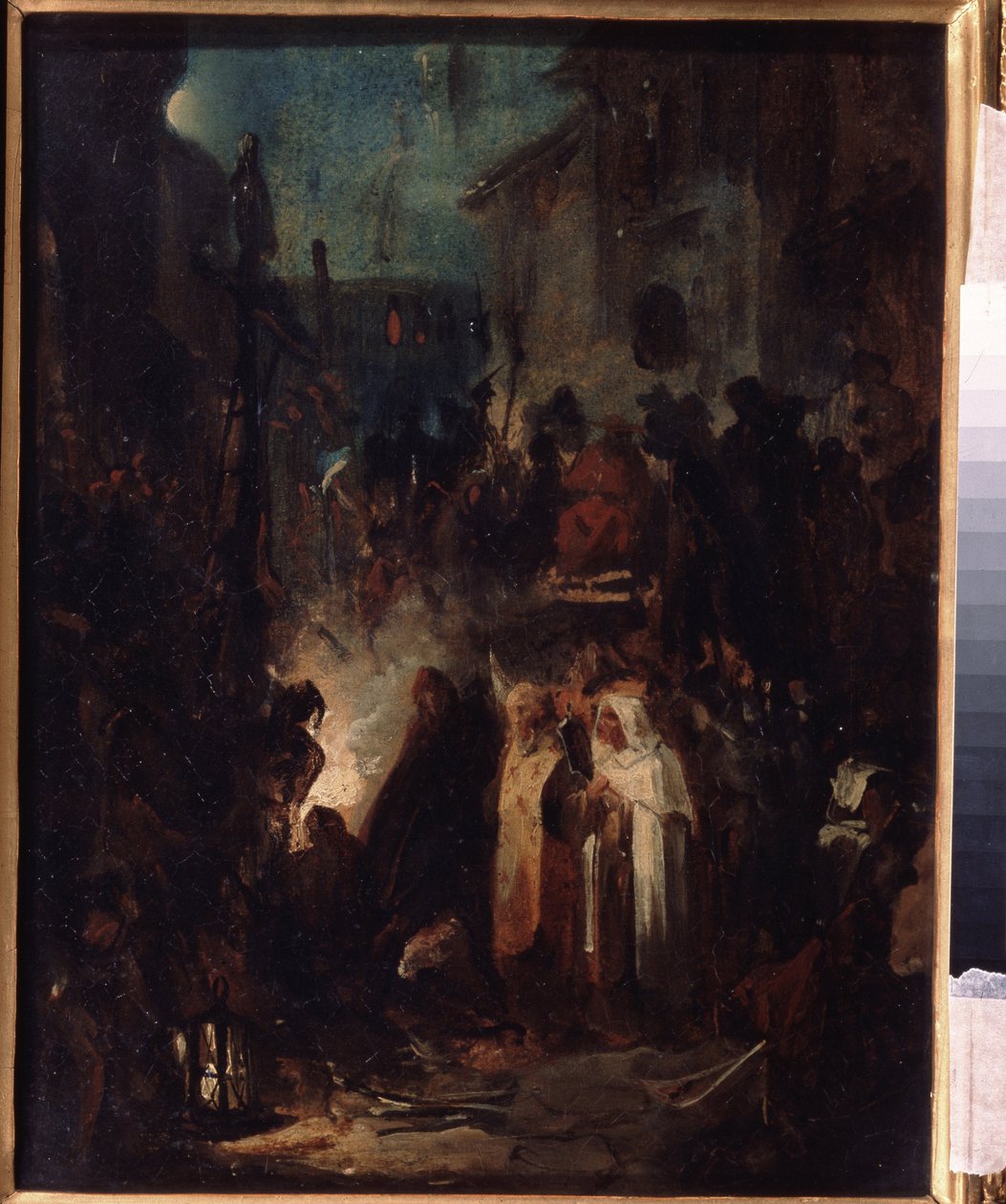 Autodafe (Autodafe). Cena de rua, à noite, após o julgamento do tribunal da Inquisição, a multidão e os eclesiásticos estão reunidos em torno do inferno. Trabalho de Nikolai Petrovich Lomtev (1816-1859), petróleo a bordo. Arte russa de Nikolai Petrovich Lomtev