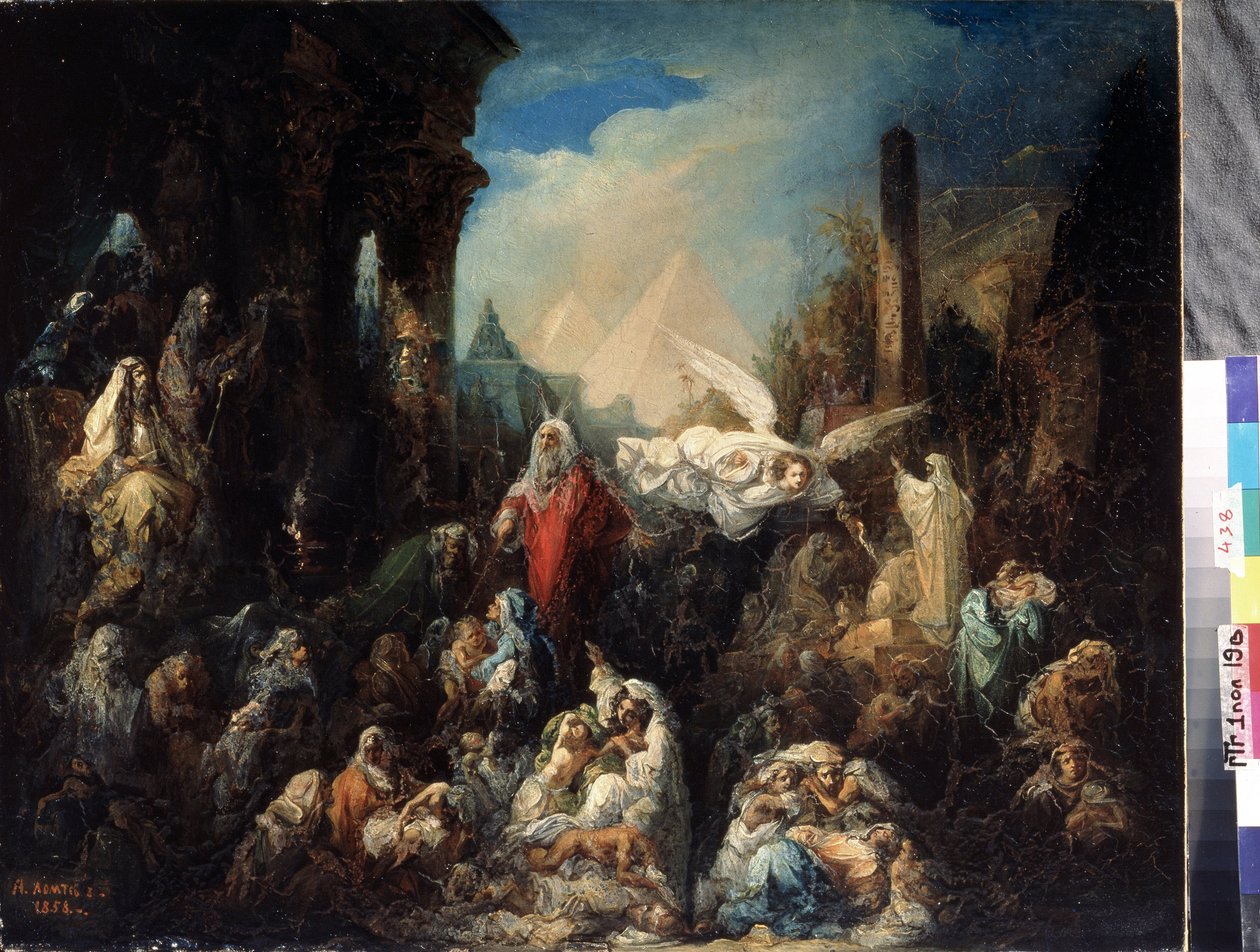 O Anjo da morte matando egípcios primogénitos. Uma das dez pragas, que Deus infligiu ao Egipto para convencer o Faraó a libertar o povo de Israel, esta punição da morte do primogénito aniquila o de Nikolai Petrovich Lomtev