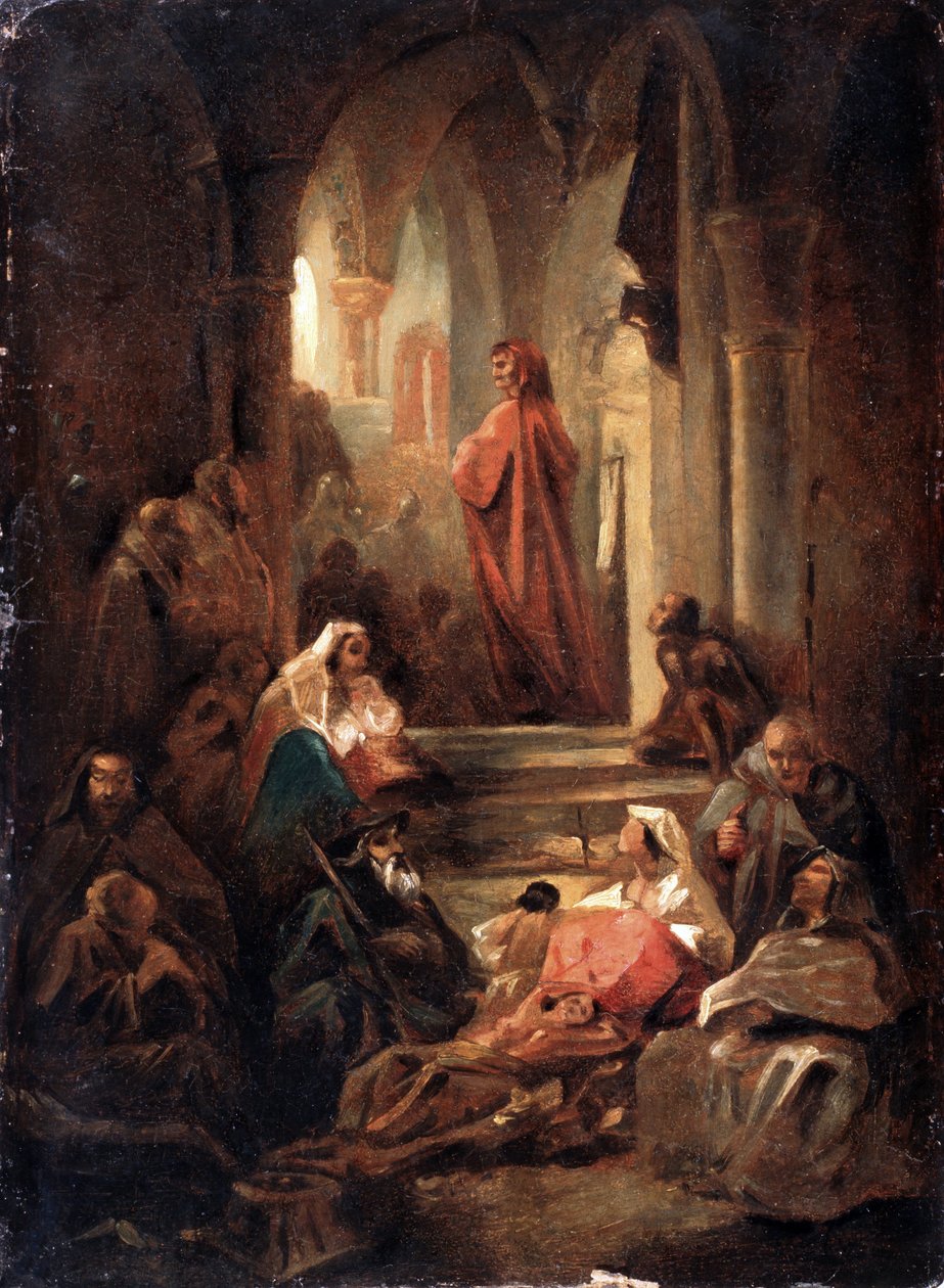 Uma cena da vida de Dante Alighieri (1265-1321) (Uma cena da vida de Dante Alighieri). Obra de Nikolai Petrovich Lomtev (1816-1859), óleo sobre papelão de Nikolai Petrovich Lomtev