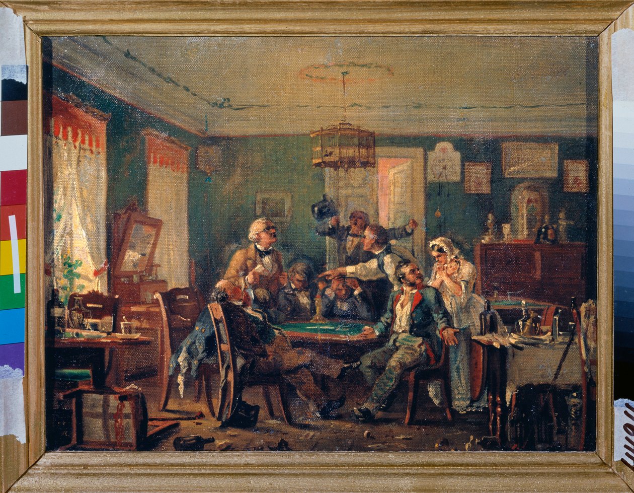 Jeu de cartes - Jogo de cartas - Pintura de Nikolai Petrovich Petrov (1834-1876), óleo sobre tela, cerca de 1850 - Arte russa do século XIX - Museu Estatal Russo, São Petersburgo de Nikolai Petrovich Petrov