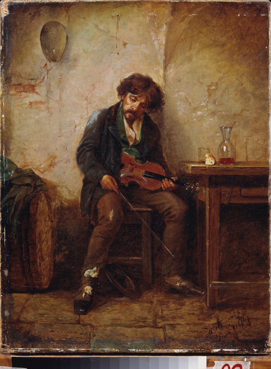 Um músico. Pintura de Nikolai Petrovich Petrov (1834-1876), óleo sobre tela de Nikolai Petrovich Petrov