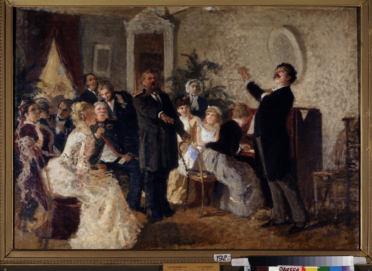 Duo. (Cantores dando um concerto em uma sala privada). Pintura de Nikolai Petrovich Zagorsky (1849-1893), óleo sobre tela. arte russa de Nikolai Petrovich Zagorsky