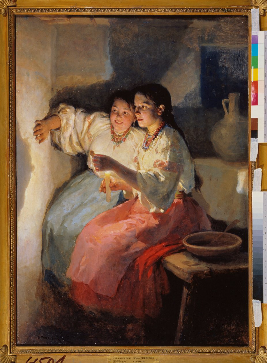 Adivinhação na véspera de Natal (Duas meninas lançam sombras à luz de velas em uma parede) - adivinhação da véspera de Natal - Pintura de Nikolai Kornilovich Pimonenko (1862-1912), óleo sobre tela de Nikolai Pimonenko