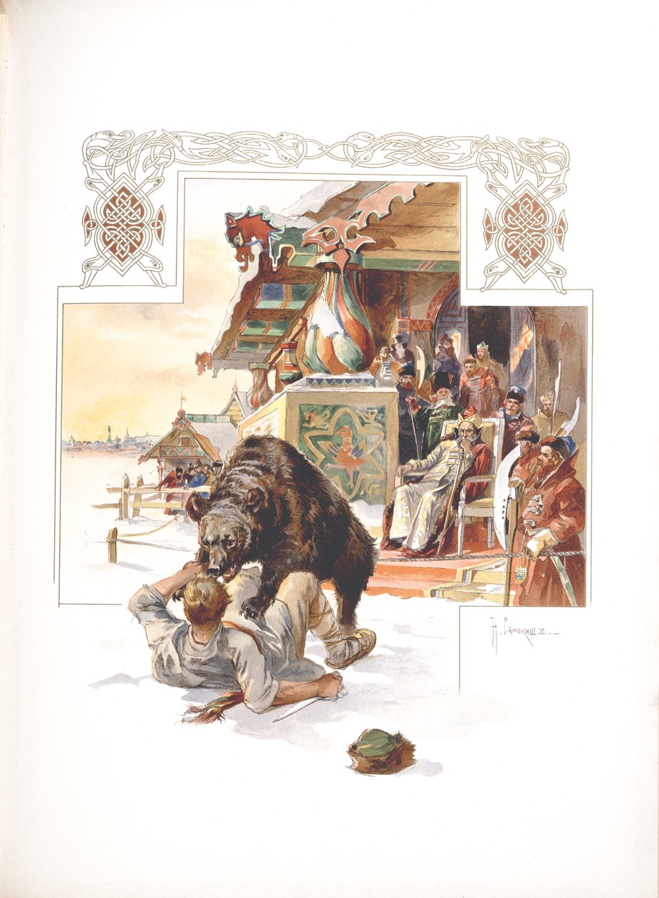 Armadilha de ursos. Ilustração para a Grão-ducal, a caça czarista e imperial na Rússia por N. Kutepov de Nikolai Semyonovich Samokish