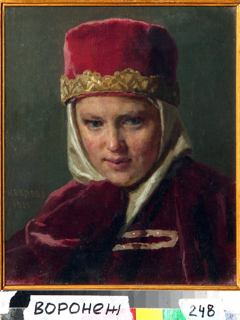 Esposa de Boyar (boiard, boiar). Vestindo vestuário russo tradicional, no Grão-Ducado de Moscovo. Pintura de Nikolai Vasilyevich Nevrev (1830-1904), óleo sobre tela de Nikolai Vasilievich Nevrev