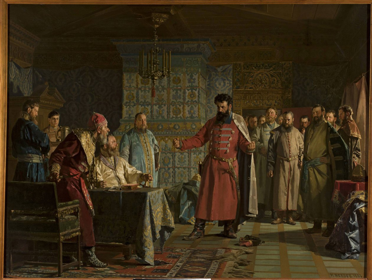 La querelle de Zakhary Petrovich Lyapunov (mort apres 1612) avec le tsar Vassili IV Chouiski (1552-1612) au Kremlin - A disputa de Zakhary Lyapunov com o czar Vasili Shuisky no Kremlin, por Nevrev, Nikolai Vasilyevich (1830-1904). Óleo sobre tela de Nikolai Vasilievich Nevrev