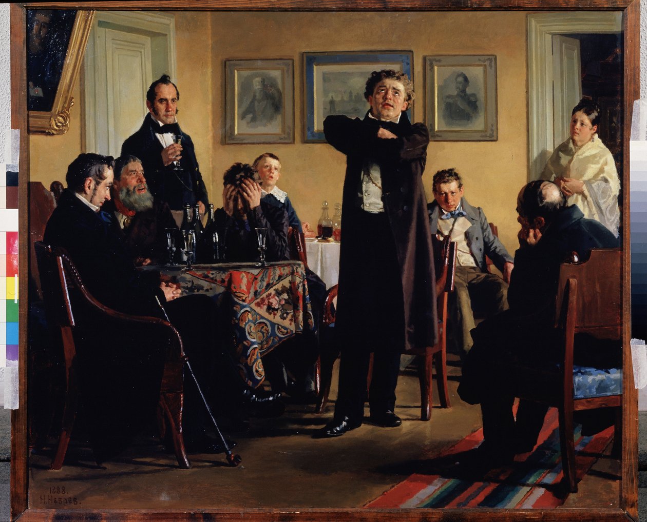 O ator Pavel Mochalov (1808-1848) cerca seus admiradores. (Ator P. Mochalov entre seus fãs). Considerado o maior trágico da Rússia romântica, ele interpreta um papel em um salão privado, os espectadores atentos e tomados pela emoção de Nikolai Vasilievich Nevrev