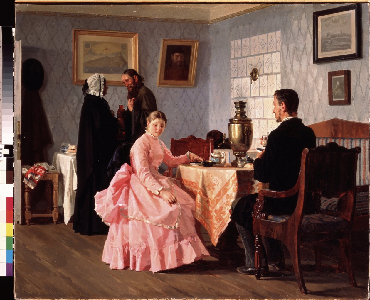 O Matchmaking. Encontro organizado em torno de uma xícara de chá, para a organização do casamento de um jovem casal. Pintura de Nikolai Vasilyevich Nevrev (1830-1904), óleo sobre tela de Nikolai Vasilievich Nevrev