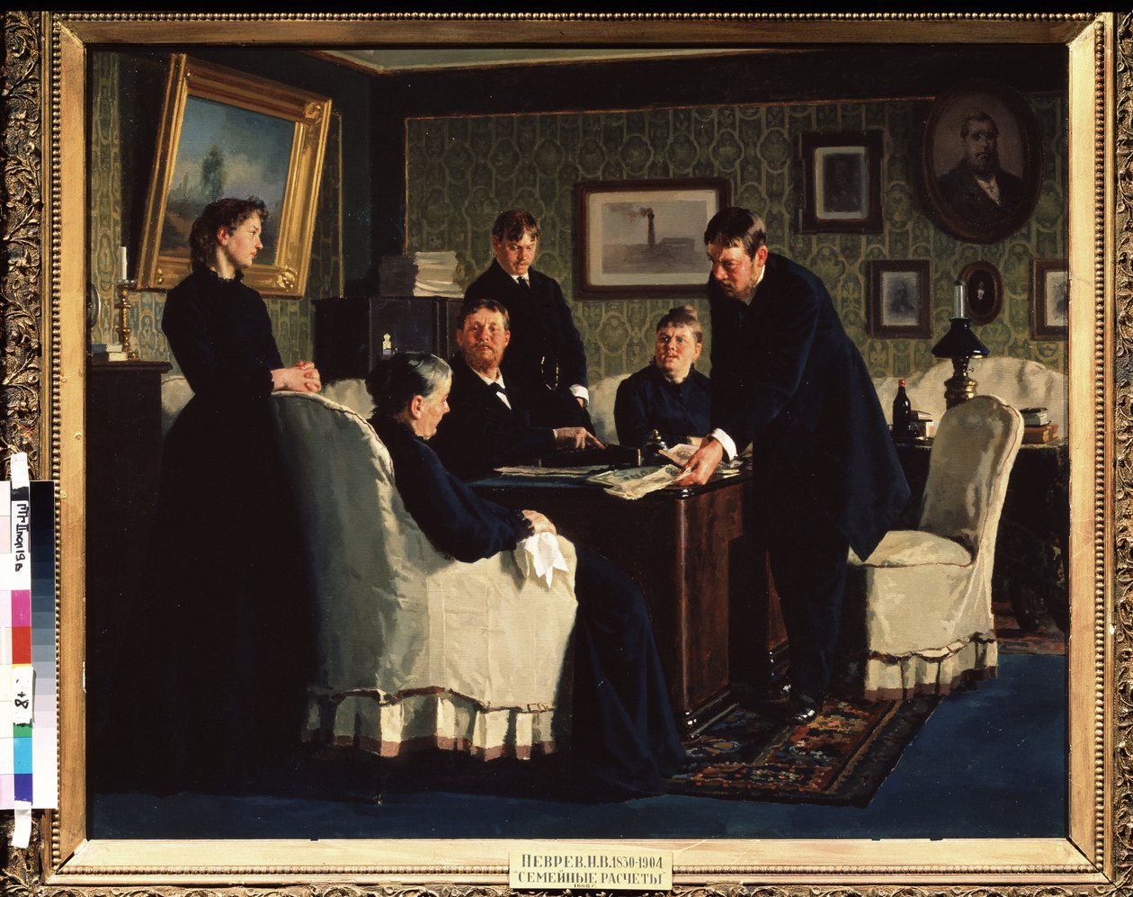 As contas da família. Pintura de Nikolai Vasilyevich Nevrev (1830-1904), óleo sobre tela de Nikolai Vasilievich Nevrev
