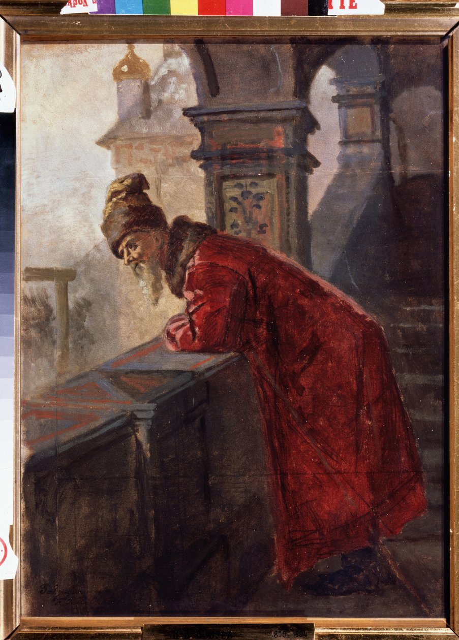 Um boyar (boiard, boiar) em vestido tradicional no final do século XVI - Rússia (Boyar on the Porch) - Pintura de Nikolai Vasilyevich Nevrev (1830-1904) - Óleo sobre tela - Museu de Arte Estadual Regional I Pozhalostin, Ryazan de Nikolai Vasilievich Nevrev