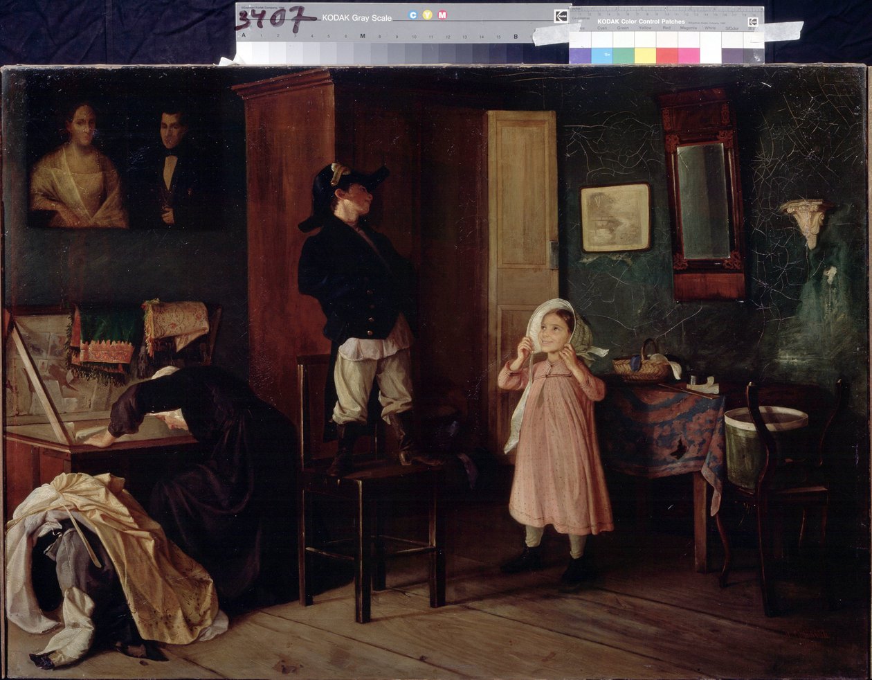 Capa de cauda do avô. Uma cena da vida familiar, as crianças vestem-se brincalhonas com roupas velhas, que a sua ama tira de um grande baú. Pintura de Nikolai Yakovlevich Gribkov (meados do século XIX), óleo sobre tela de Nikolai Yakovlevich Gribkov