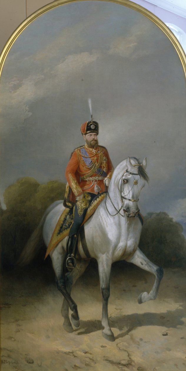 Retrato do imperador Alexandre III 1845-1894 no uniforme do regimento hussariano da Guarda Leib, 1881 de Nikolai Yegorovich Sverchkov