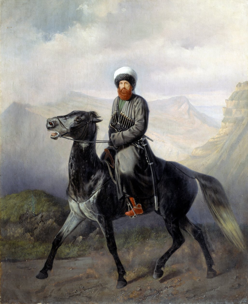 Retrato equestre de Chamil (Imam Chamil, Shamil) (1797-1871), chef des tribus musulmanes du Caucase nord (Retrato do líder político e religioso das tribos muçulmanas do Norte do Cáucaso Imam Shamil ) - Peinture de Nikolai Yegorovich Sverchov de Nikolai Yegorovich Sverchov