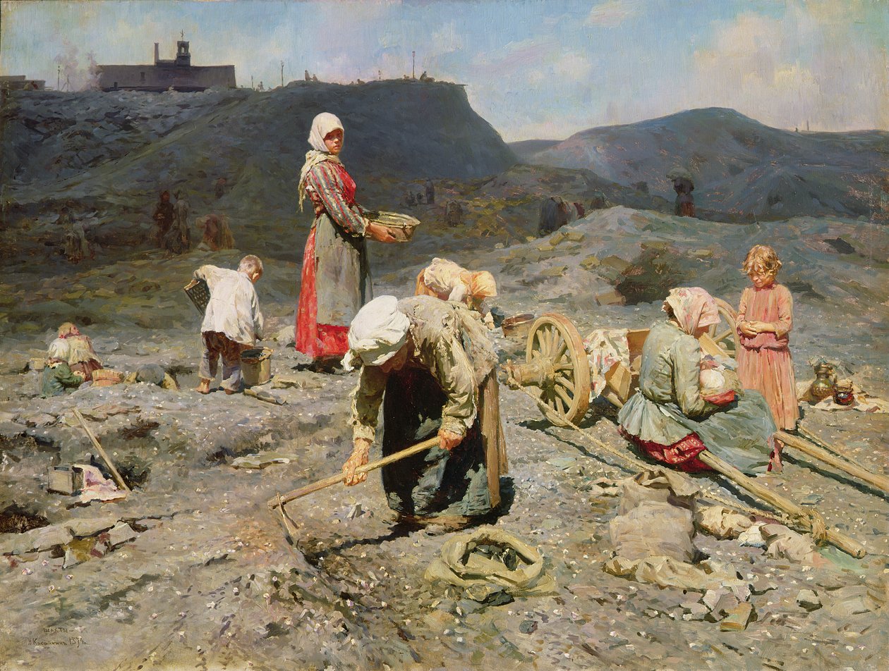 Pessoas pobres que recolhem carvão em uma mina exausta, 1894 de Nikolaj Alekseevich Kasatkin