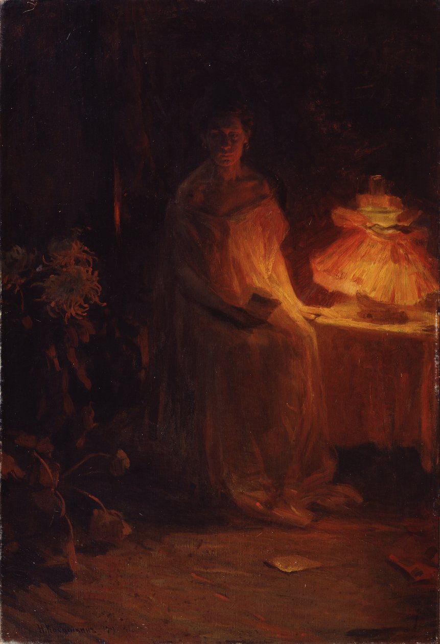 Uma Carta. Uma mulher triste, com uma cara muito melancólica, em camisa de dormir, perto de um candeeiro de cabeceira, segura uma carta, cujo envelope caiu no chão. Pintura por Nikolai Alexeyevich Kasatkin (Kasatkin) (1859-1930), óleo sobre tela de Nikolaj Alekseevich Kasatkin