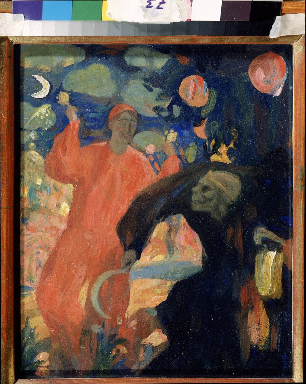 Em Memória de Nikolai Sapunov (Sapunov) (1880-1912) (Em Memória de N. Sapunov). A morte personifica as curvas e foge perante uma figura sorridente da vida, acenando maracas. Trabalho de Nicholas (Nikolai) Dimitrievich Millioti (1874-1962), óleo sobre papel de Nikolaj Nikolaevic Sapunov