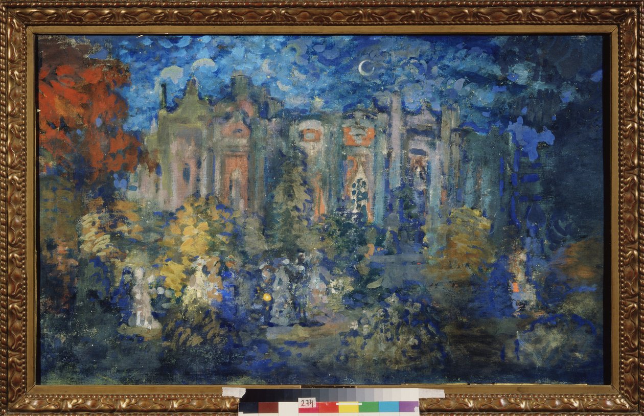 Festa nocturna. Trabalho de Nikolai Nikolayevich Sapunov (Sapunov) (1880-1912), tempera em papelão, ca. 1900. Arte russa, século XX, simbolismo. Estado A. Museu de Arte Radishchev, Saratov (Rússia). de Nikolaj Nikolaevic Sapunov