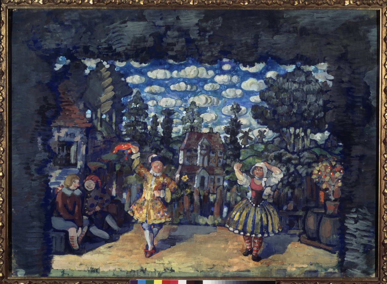 Hotel no Green Bull. Decoração preparatória para a peça "Dutchwoman Lisa" de Mikhail Kuzmin (1875-1936). Trabalho de Nikolai Nikolayevich Sapunov (Sapunov) (1880-1912), tempera a bordo de Nikolaj Nikolaevic Sapunov