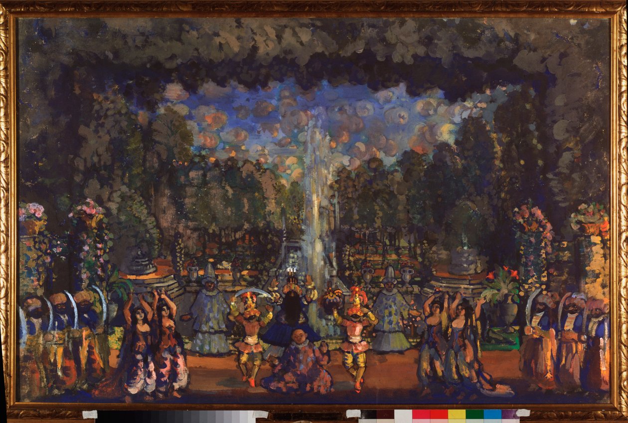 A Cerimônia Turca. Decoração preparatória para a peça ""Le bourgeois gentilhomme"" de Molière (1622-1673). Obra de Nikolai Nikolayevich Sapunov (Sapunov) (1880-1912), têmpera sobre tela de Nikolaj Nikolaevic Sapunov