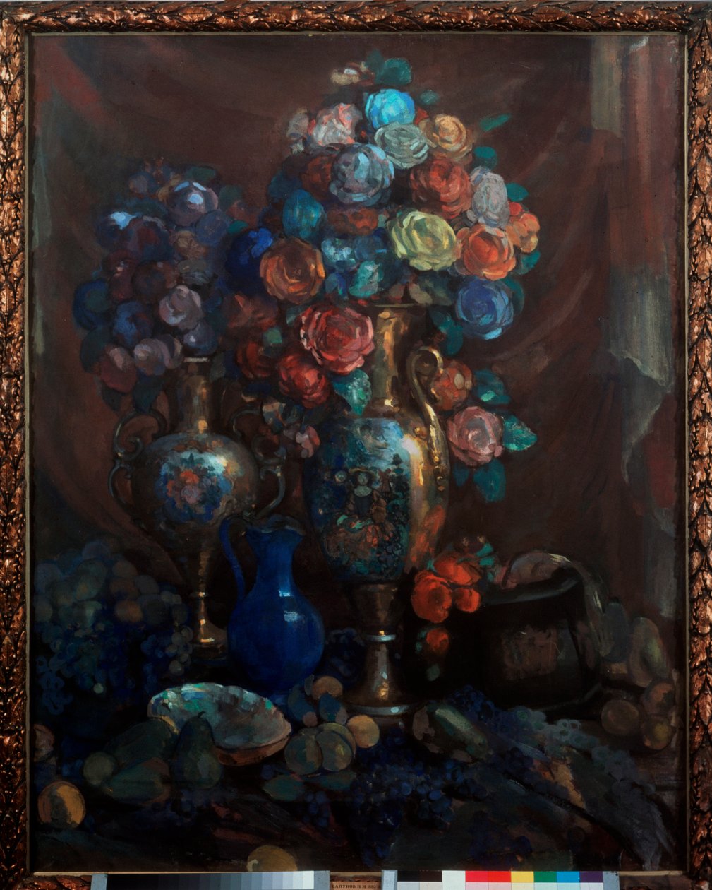 Nature morte (Vas, fleurs et frutas) - Natureza morta (Vas, flores e frutas) - Obra de Nikolai Nikolayevich Sapunov (Sapunov) (1880-1912), têmpera sobre tela de Nikolaj Nikolaevic Sapunov