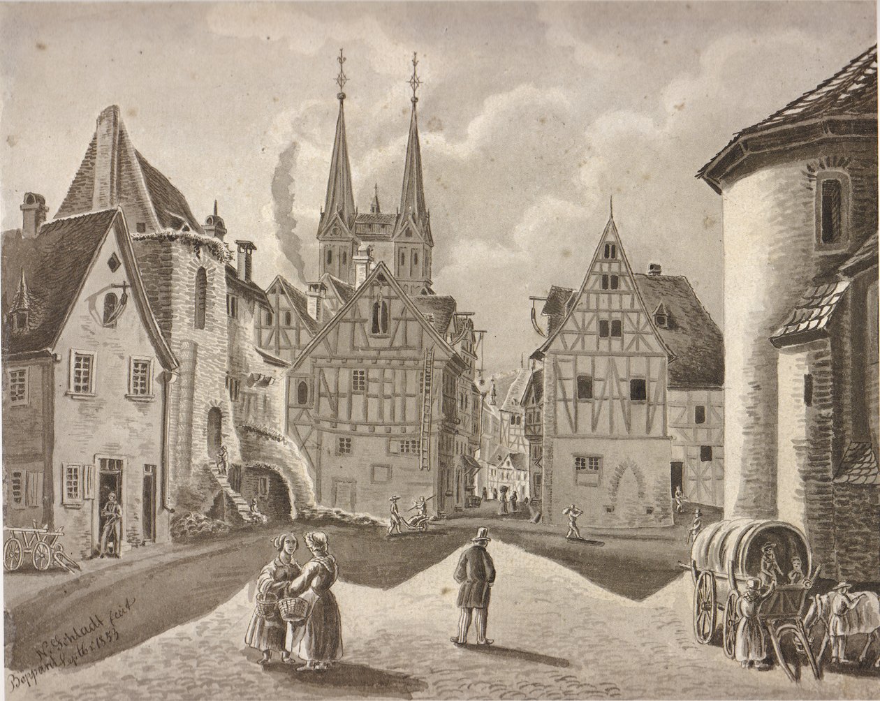 A praça do castelo em frente ao castelo eleitoral de Boppard em 1853 de Nikolaus Schlad