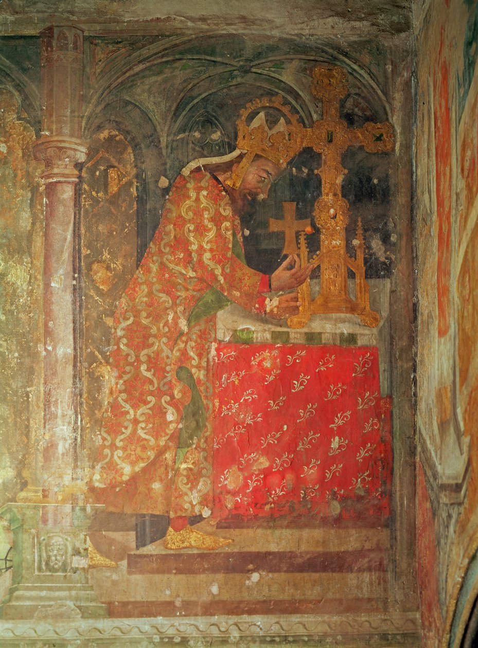 O Sacro Imperador Romano-Germânico Carlos IV coloca a relíquia do espinho da coroa de Cristo em um relicário, da capela de Nossa Senhora, 1357-60 (ver também 204541 e 204544) de Nikolaus Wurmser