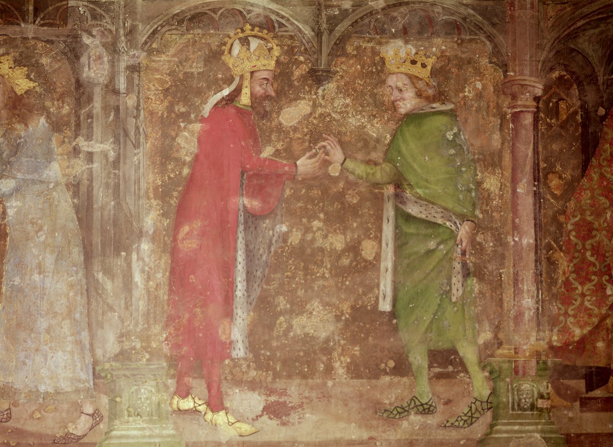 O Sacro Imperador Romano-Germânico Carlos IV recebendo um espinho da coroa de Cristo do rei francês Jean II da capela de Nossa Senhora, 1357-60 (ver também 204544 e 397961) de Nikolaus Wurmser