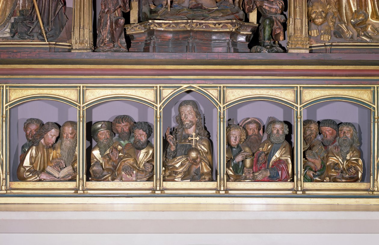 Esculturas em madeira de Cristo e dos Doze Apóstolos, da predella do retábulo do Retábulo de Isenheim, c.1490 (madeira pintada) de Nikolaus Hagenauer
