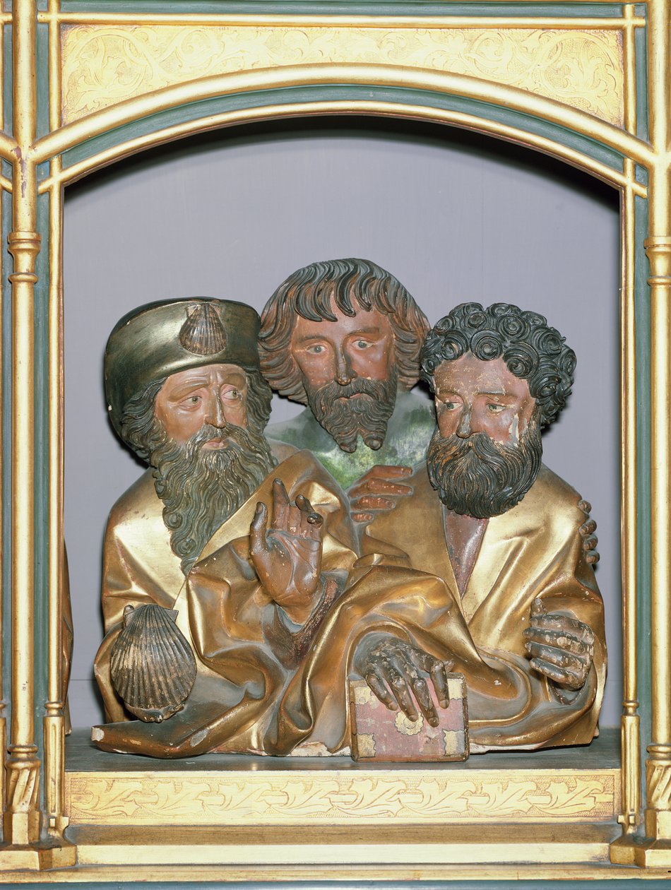 Esculturas em madeira de São Tiago Maior, São Simão e São Tadeu, da predelação do Retábulo de Isenheim, c.1490 (madeira pintada) de Nikolaus Hagenauer